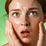 **Prompt 1: The "Natural" Misconception & Unexpected Reactions**
    A close-up of a person with Dutch features, looking surprised and slightly alarmed, gently touching their cheek which shows a hint of redness or mild irritation. In the foreground, a skincare bottle prominently labeled "Pure" or "Natural" with a misleadingly soft green glow. The background is blurred, suggestive of natural elements like leaves, creating a contrast between the product's claim and the skin's reaction. Emphasize sensitive skin, allergic reaction, and the irony of "natural" claims.