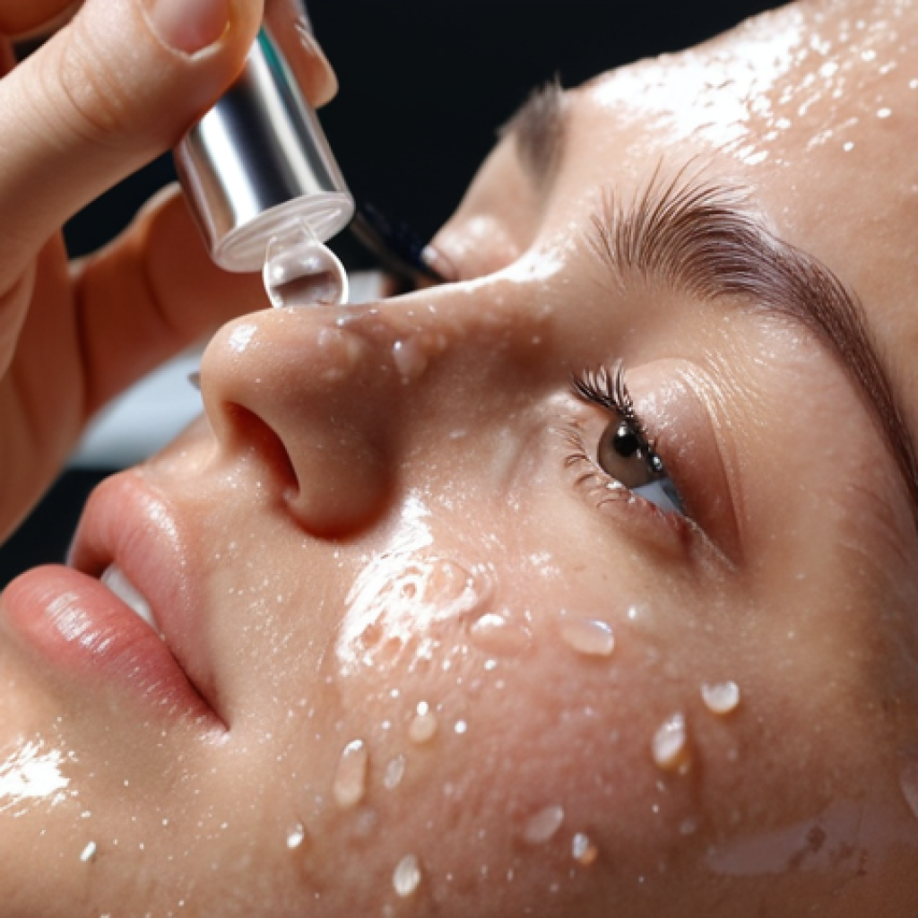 **Close-up of a woman applying a facial serum with Hyaluronic Acid, highlighting the dewy and hydrated skin. Soft, natural lighting.**