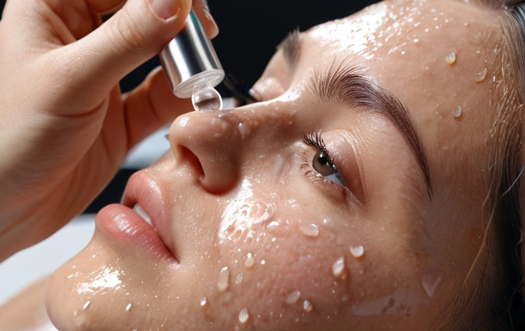 **Close-up of a woman applying a facial serum with Hyaluronic Acid, highlighting the dewy and hydrated skin. Soft, natural lighting.**