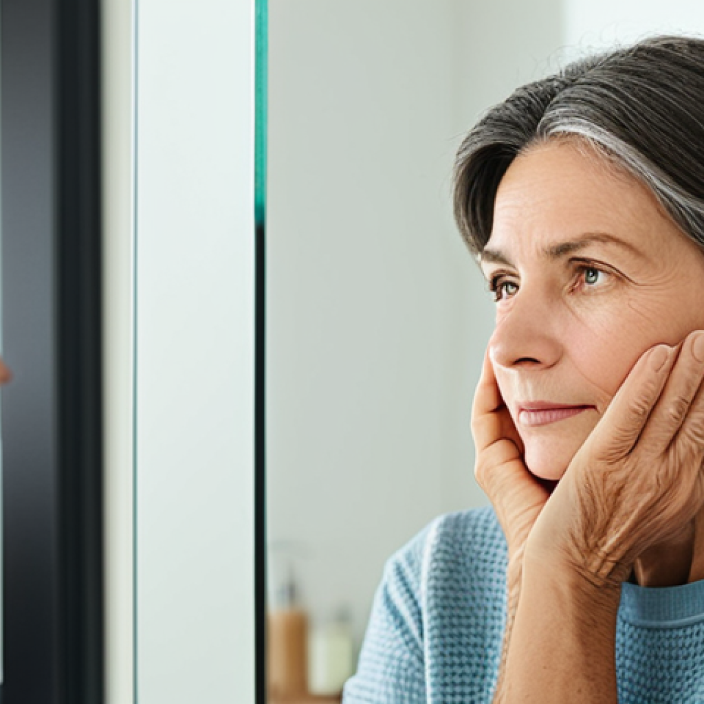 A serene, mature woman, fully clothed in modest, comfortable attire, gently touching her cheek while looking in a well-lit, minimalist bathroom mirror. Her expression is thoughtful and calm, reflecting self-care and understanding. The background is a clean, modern bathroom with soft, natural light, subtly blurred to keep focus on the woman. Professional photography, soft diffused lighting, perfect anatomy, correct proportions, natural pose, well-formed hands, proper finger count, natural body proportions, high detail, realistic, inviting atmosphere. safe for work, appropriate content, fully clothed, modest, family-friendly.