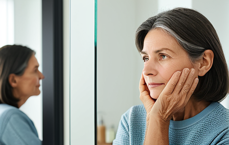 A serene, mature woman, fully clothed in modest, comfortable attire, gently touching her cheek while looking in a well-lit, minimalist bathroom mirror. Her expression is thoughtful and calm, reflecting self-care and understanding. The background is a clean, modern bathroom with soft, natural light, subtly blurred to keep focus on the woman. Professional photography, soft diffused lighting, perfect anatomy, correct proportions, natural pose, well-formed hands, proper finger count, natural body proportions, high detail, realistic, inviting atmosphere. safe for work, appropriate content, fully clothed, modest, family-friendly.