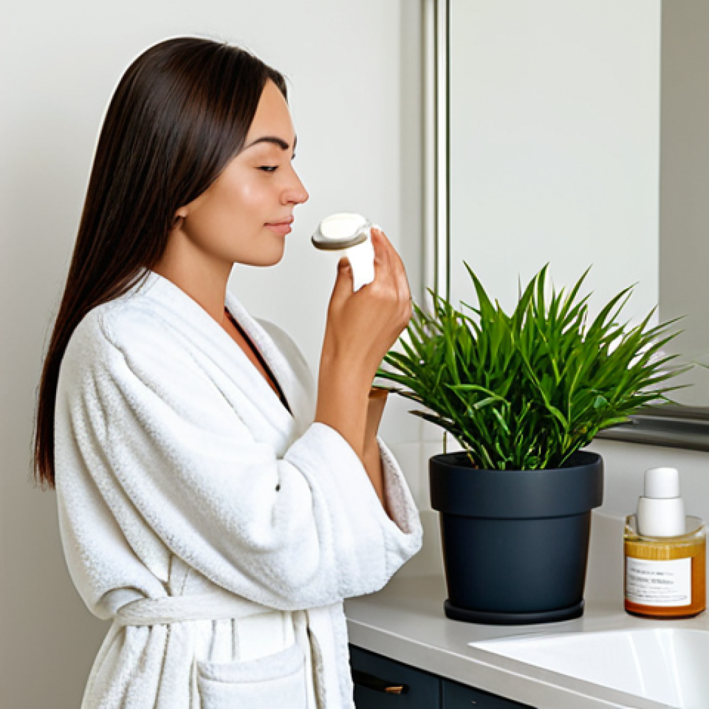A serene woman, fully clothed in a soft, modest bathrobe, gently applying a natural face cream from a small, elegant glass jar. Her clear, radiant skin glows under the natural light filtering into a minimalist bathroom. A green potted plant adds a touch of nature. The scene conveys tranquility and self-care. perfect anatomy, correct proportions, natural pose, well-formed hands, proper finger count, natural body proportions, professional photography, soft lighting, high resolution, safe for work, appropriate content, family-friendly.