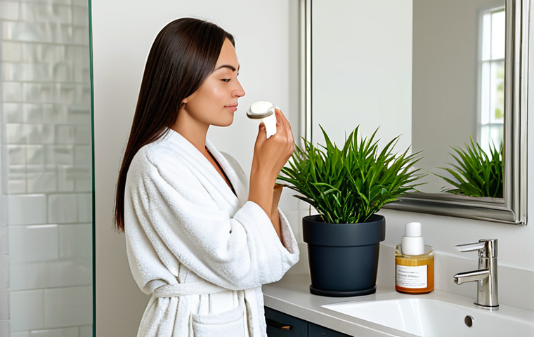A serene woman, fully clothed in a soft, modest bathrobe, gently applying a natural face cream from a small, elegant glass jar. Her clear, radiant skin glows under the natural light filtering into a minimalist bathroom. A green potted plant adds a touch of nature. The scene conveys tranquility and self-care. perfect anatomy, correct proportions, natural pose, well-formed hands, proper finger count, natural body proportions, professional photography, soft lighting, high resolution, safe for work, appropriate content, family-friendly.