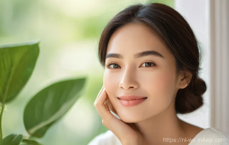 천연 성분으로 만든 스킨케어의 장점 - **Prompt:** A serene and beautiful woman, appearing to be in her late 20s or early 30s, with a gentl...