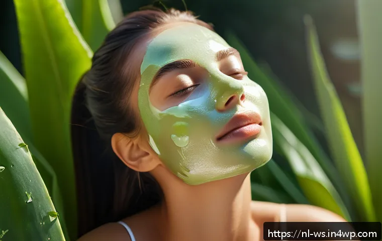 여름철 피부를 위한 천연 스킨케어 팁 - A fresh summer skincare scene featuring a woman applying pure aloe vera gel on her face outdoors und...