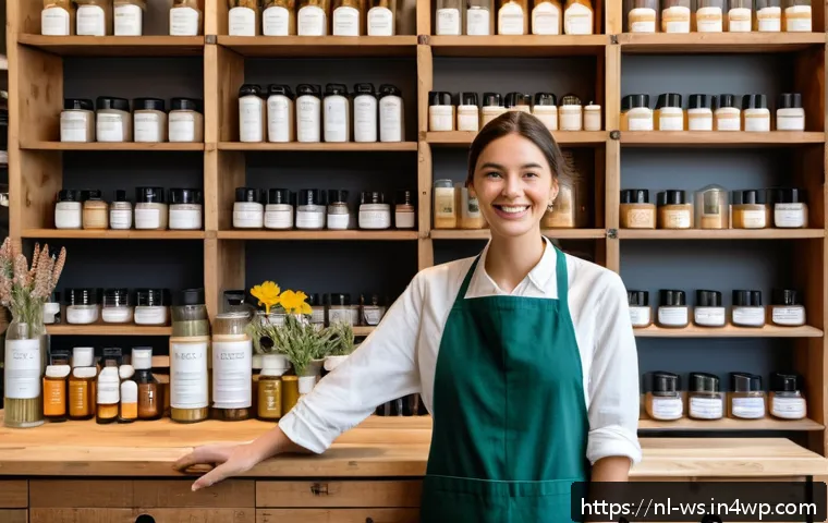 천연 스킨케어의 역사와 발전 - A cozy, bright Dutch apothecary-style skincare shop interior featuring wooden shelves filled with na...